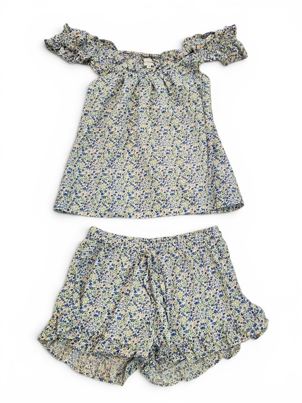 Piyama Floral Off-Shoulder Pajama Set Size S Blue Green NWOT